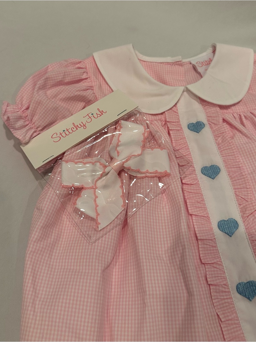 Pink Heart-Trim Cotton Kids Dress with Matching Bow. - Picture 4 of 4